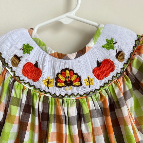 Fall Thanksgiving Pumpkin Turkey Checkered 3T Smocked Dress - Picture 9 of 10